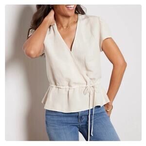 NWT Cloth & Stone Linen Blend Short Sleeve Wrap Top Natural Sand Womens Size XS